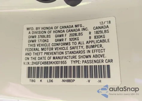 2019 Honda Civic Sport z USA, uszkodzony, nr VIN 2HGFC4B83KH301955